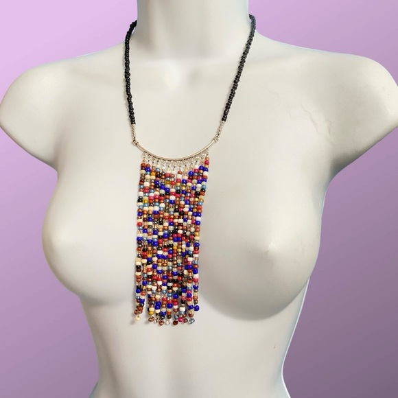 Black Beads With Multi-Colored Seed Beads Fringe Necklace Boho Festival - Picture 3 of 6